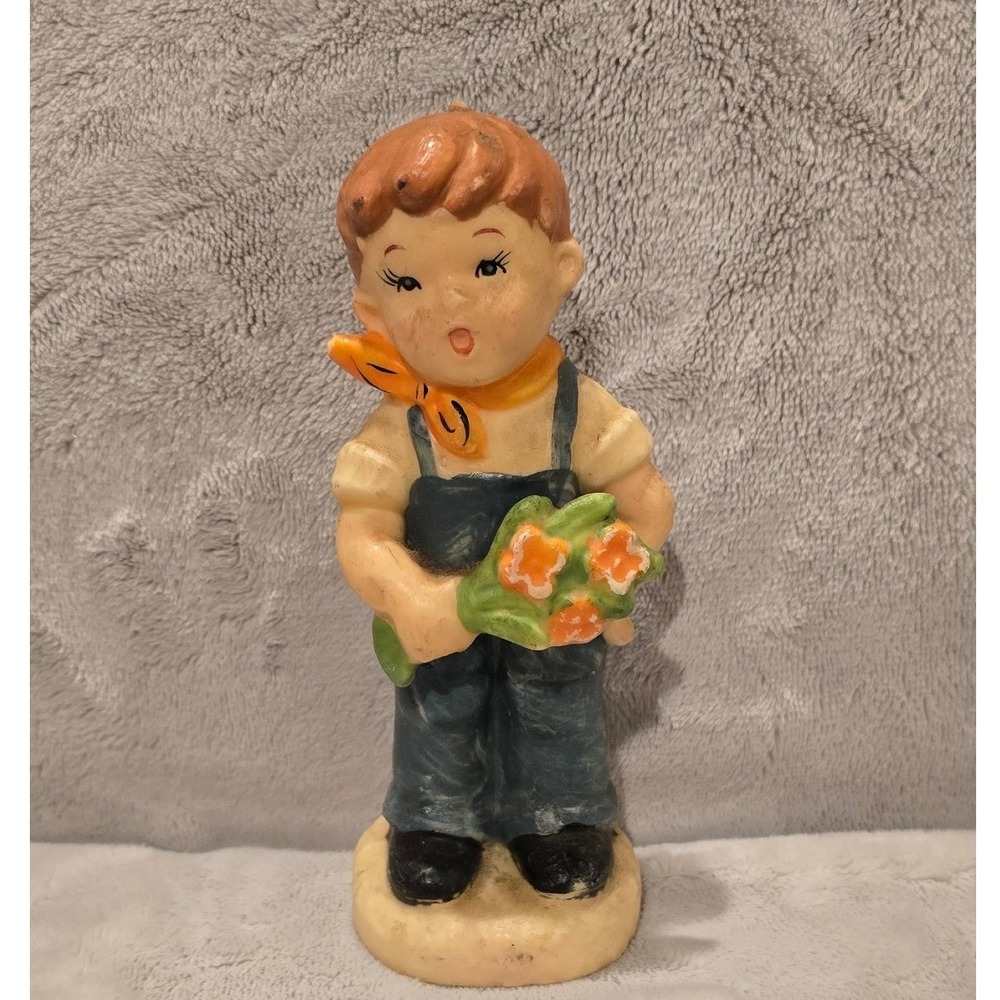 Vintage Boy Candle Figurine Overalls Flowers‎ Retro Decor Blue Orange 6"